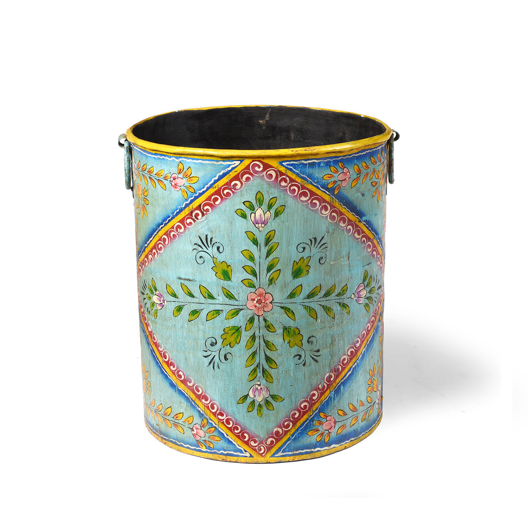Blue Floral Hand painted Metal Bin / Planter | Indigo Antiques