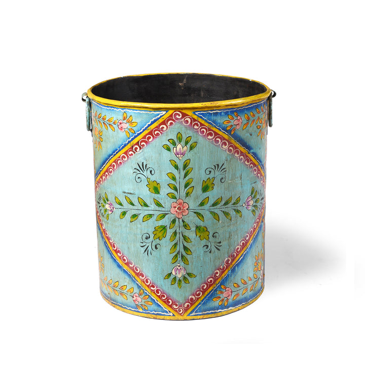 Blue Floral Hand painted Metal Bin / Planter | Indigo Antiques