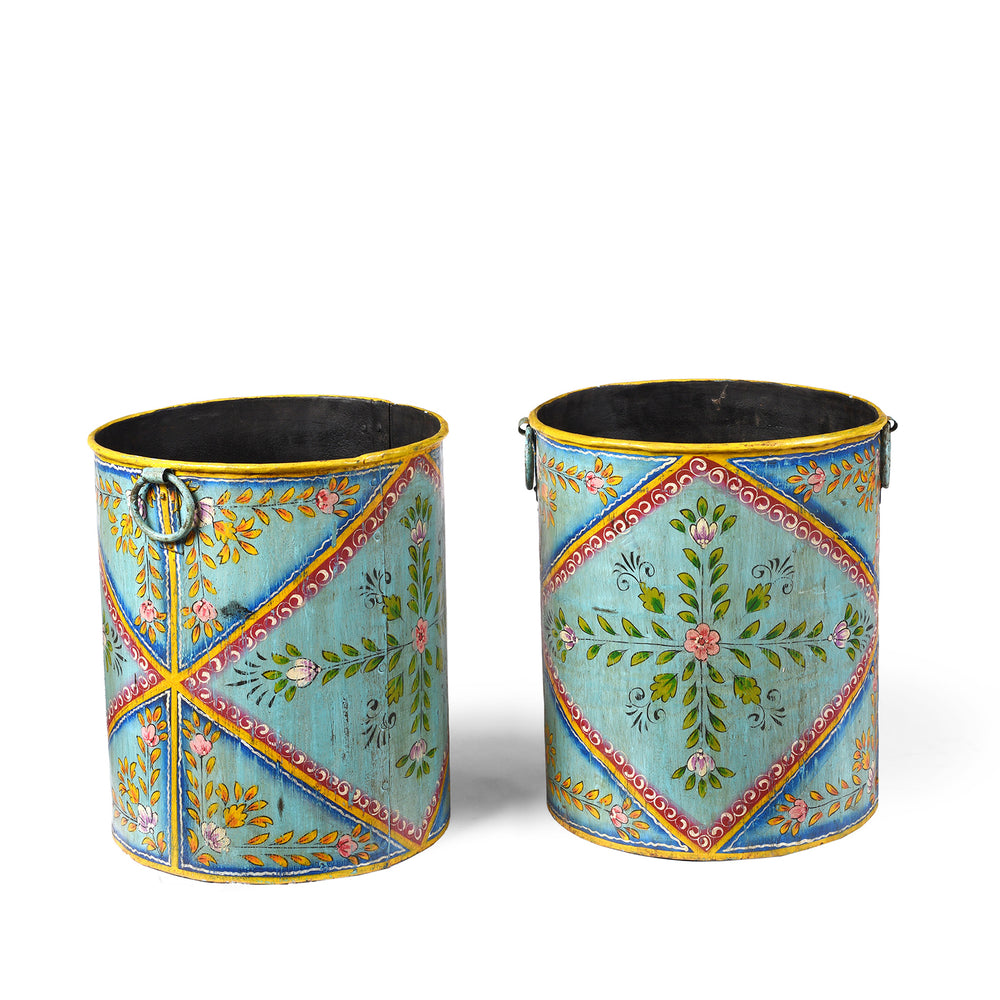 Blue Floral Hand painted Metal Bin / Planter | Indigo Antiques
