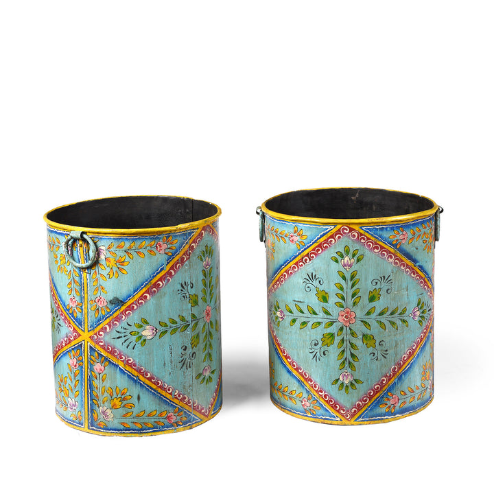 Blue Floral Hand painted Metal Bin / Planter | Indigo Antiques