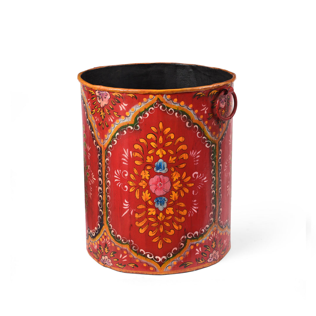 Blue Floral Hand painted Metal Bin / Planter | Indigo Antiques