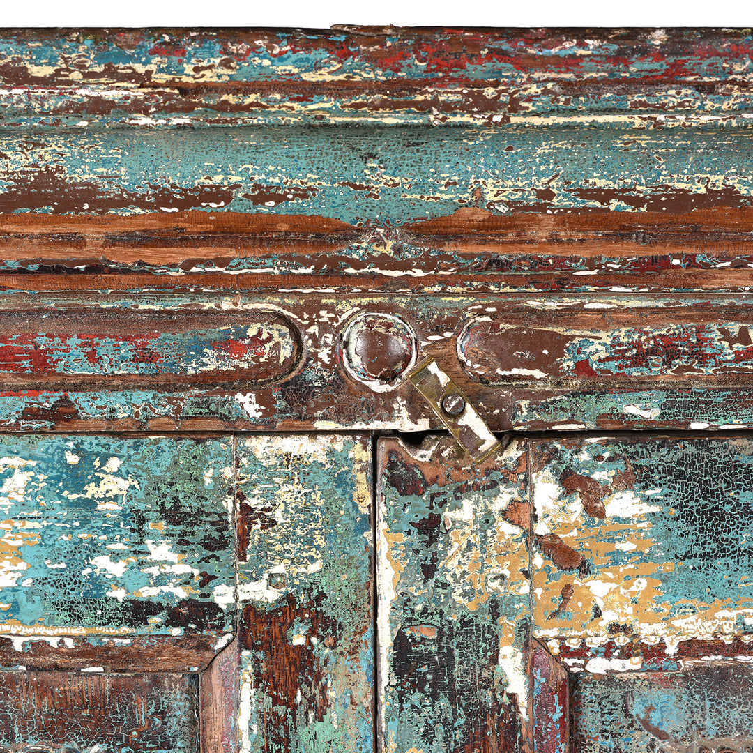 Latch Detail From Antique Green Painted Carved Almirah Cabinet With Sunburst Panels | Indigo Antiques