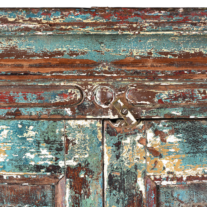 Latch Detail From Antique Green Painted Carved Almirah Cabinet With Sunburst Panels | Indigo Antiques