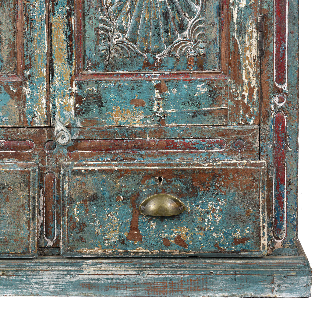 Bottom Corner Detail From Antique Green Painted Carved Almirah Cabinet With Sunburst Panels | Indigo Antiques