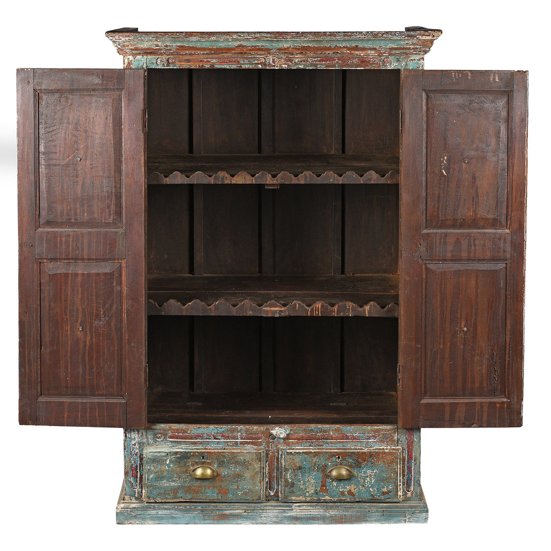 Interior Of Antique Green Painted Carved Almirah Cabinet With Sunburst Panels | Indigo Antiques
