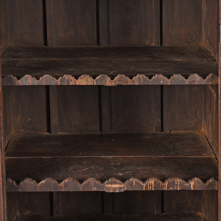 Shelf Detail From Antique Green Painted Carved Almirah Cabinet With Sunburst Panels | Indigo Antiques