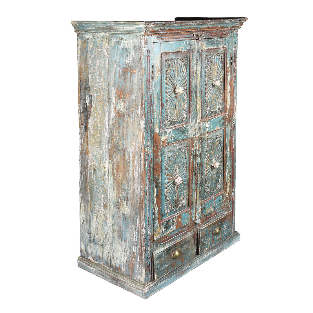 Angled VIew Of Antique Green Painted Carved Almirah Cabinet With Sunburst Panels | Indigo Antiques