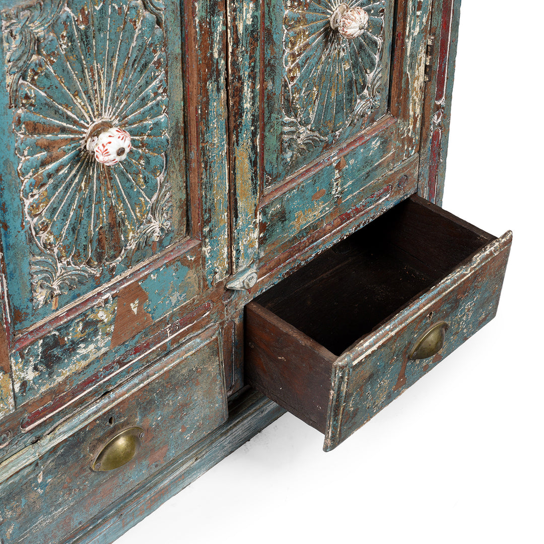 Drawer Detail From Antique Green Painted Carved Almirah Cabinet With Sunburst Panels | Indigo Antiques