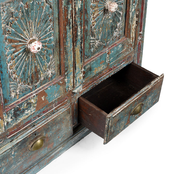 Drawer Detail From Antique Green Painted Carved Almirah Cabinet With Sunburst Panels | Indigo Antiques