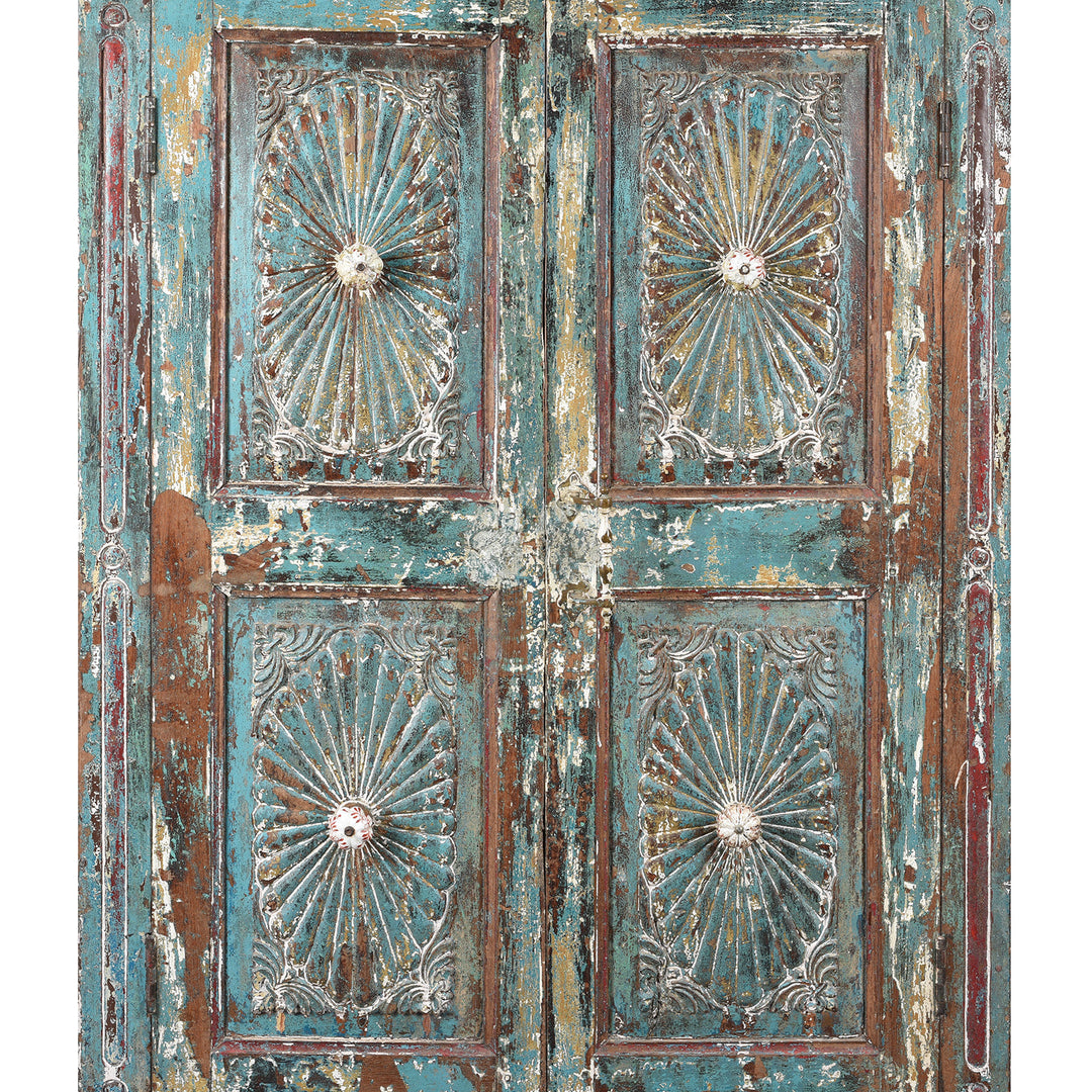 Front Detail From Antique Green Painted Carved Almirah Cabinet With Sunburst Panels | Indigo Antiques
