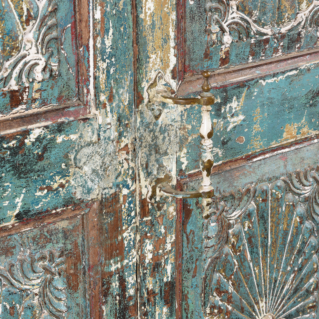 Door Handle Detail Form Antique Green Painted Carved Almirah Cabinet With Sunburst Panels | Indigo Antiques
