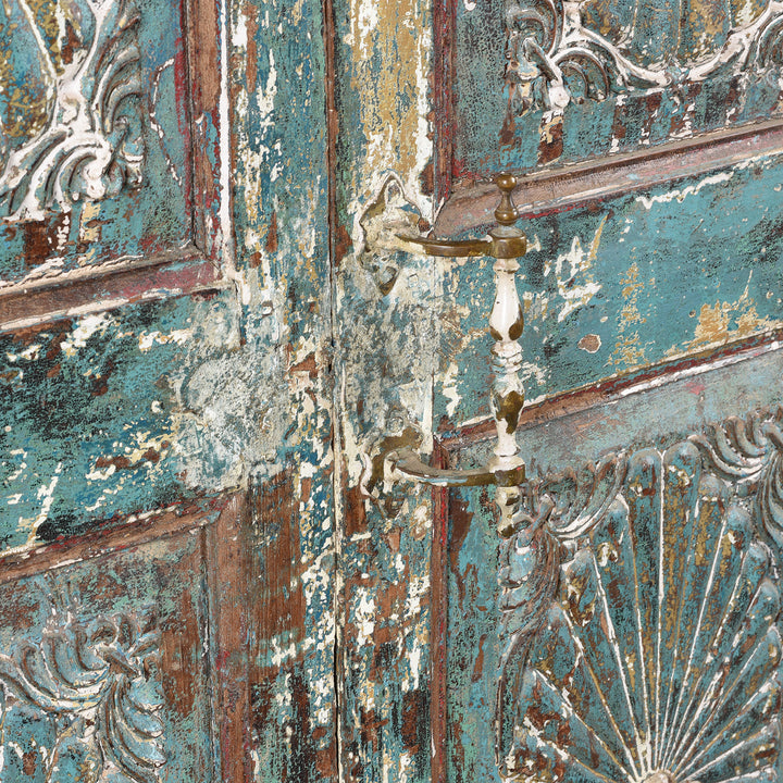 Door Handle Detail Form Antique Green Painted Carved Almirah Cabinet With Sunburst Panels | Indigo Antiques