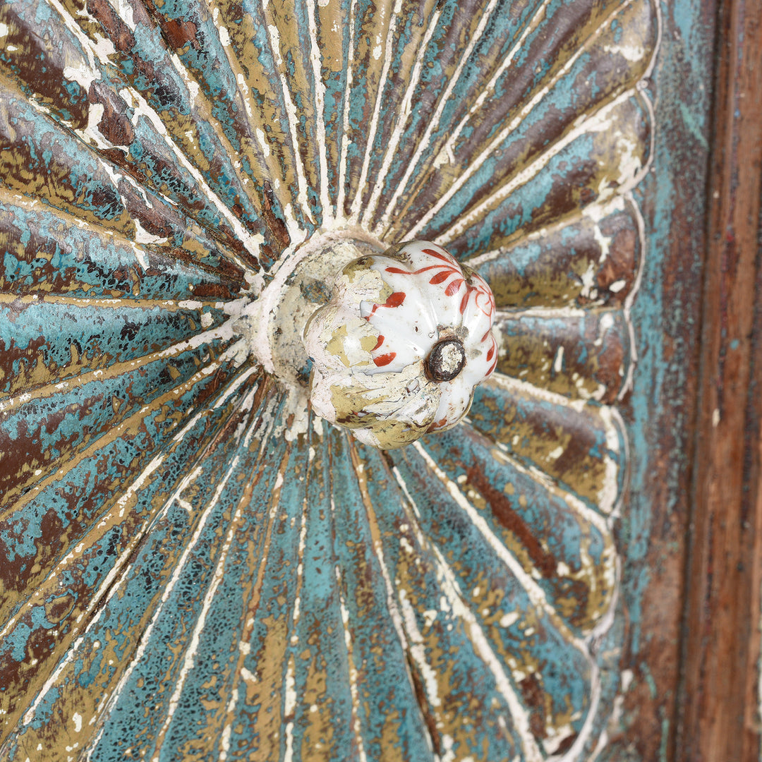 Door Knob Detail From Antique Green Painted Carved Almirah Cabinet With Sunburst Panels | Indigo Antiques