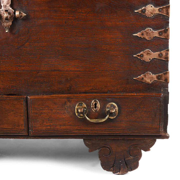 Bottom Drawer And Wheel Detail From Antique Brass Bound Indian Chest | Indigo Antiques 