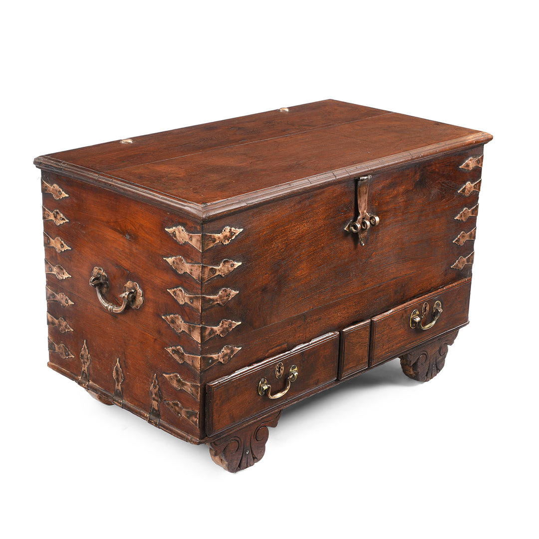 Angled View Of Antique Brass Bound Indian Chest | Indigo Antiques