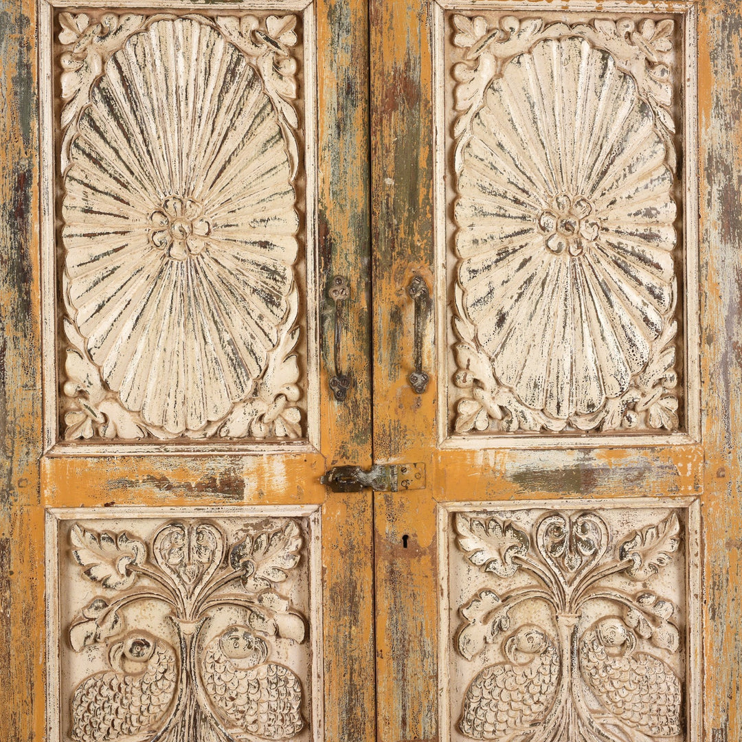 Doors Detail From Antique Cream Painted Teak Almirah Cabinet | Indigo Antiques