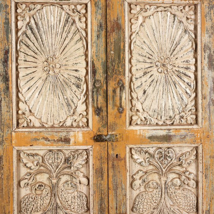 Doors Detail From Antique Cream Painted Teak Almirah Cabinet | Indigo Antiques