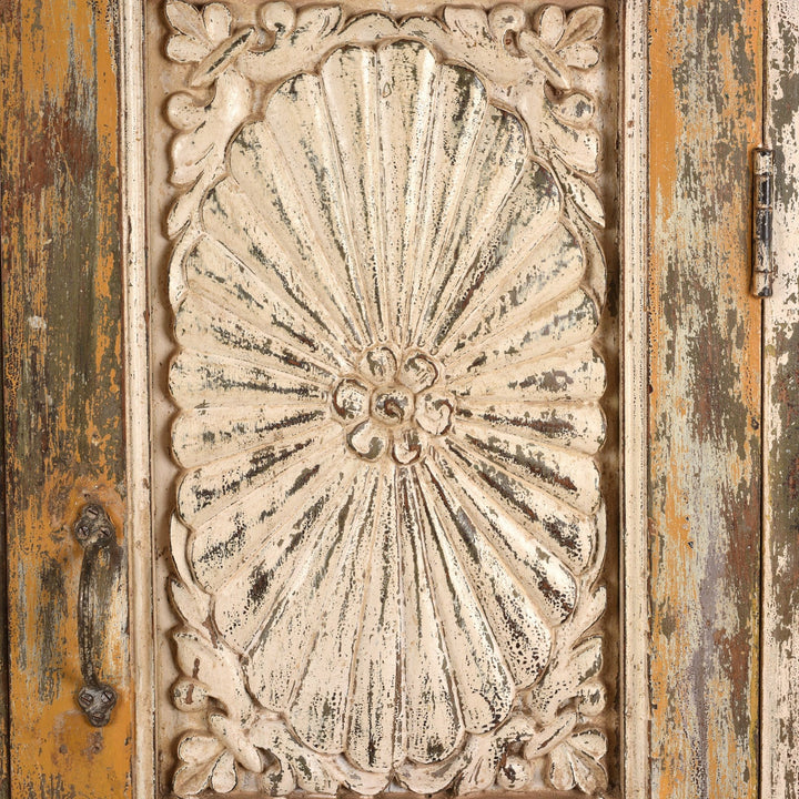Sunburst Detail From Antique Cream Painted Teak Almirah Cabinet | Indigo Antiques