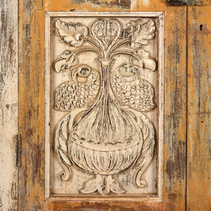 Floral Display Panel Detail From Antique Cream Painted Teak Almirah Cabinet | Indigo Antiques