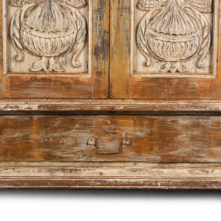 Drawer Detail From Antique Cream Painted Teak Almirah Cabinet | Indigo Antiques