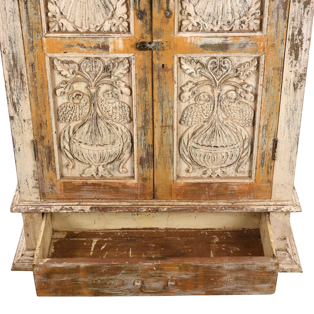 Open Draer Detail From Antique Cream Painted Teak Almirah Cabinet | Indigo Antiques