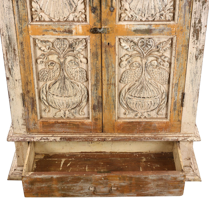 Open Draer Detail From Antique Cream Painted Teak Almirah Cabinet | Indigo Antiques