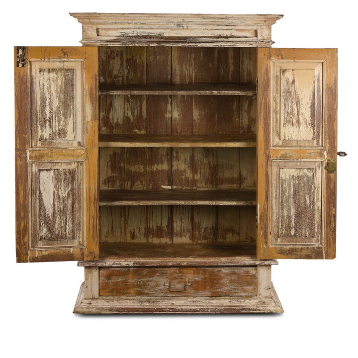 Open Doors View Of Antique Cream Painted Teak Almirah Cabinet | Indigo Antiques