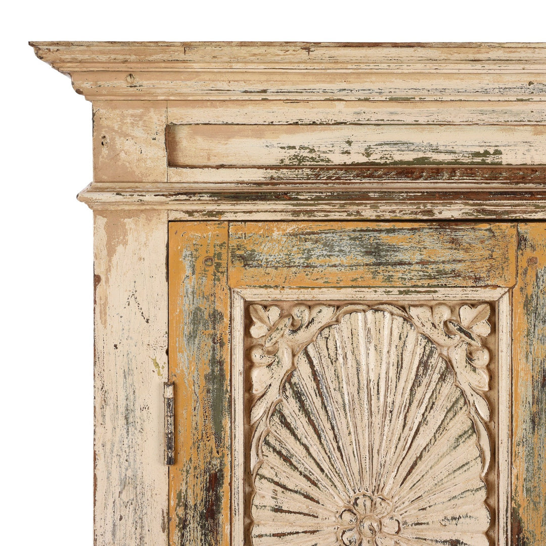 Corner Detail From Antique Cream Painted Teak Almirah Cabinet | Indigo Antiques