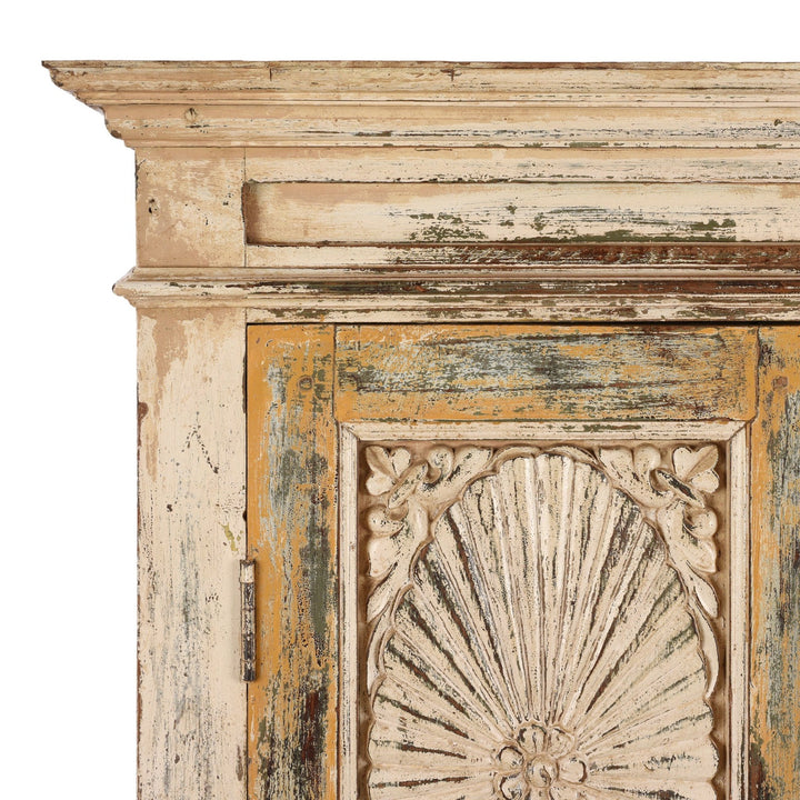 Corner Detail From Antique Cream Painted Teak Almirah Cabinet | Indigo Antiques