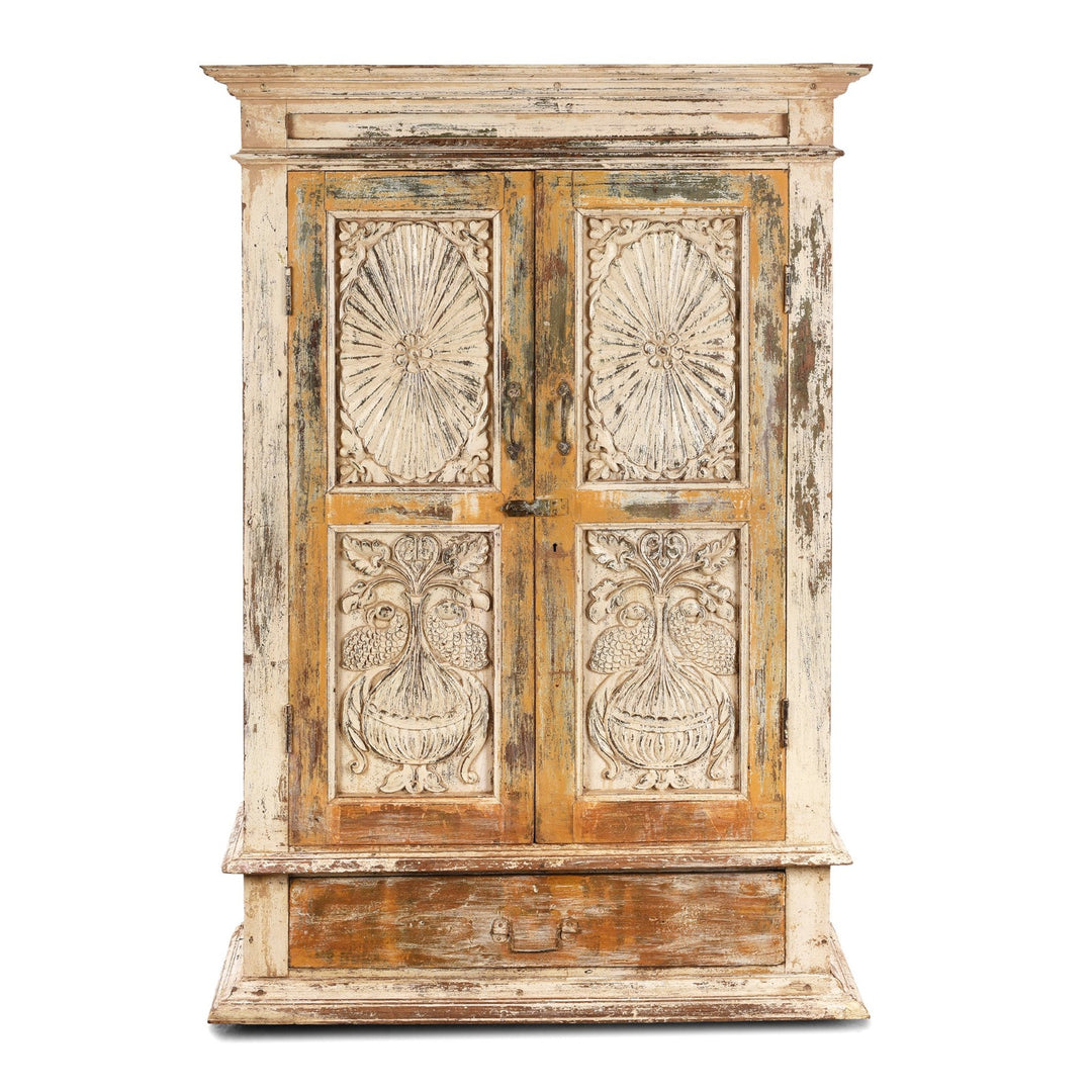 Antique Cream Painted Teak Almirah Cabinet | Indigo Antiques