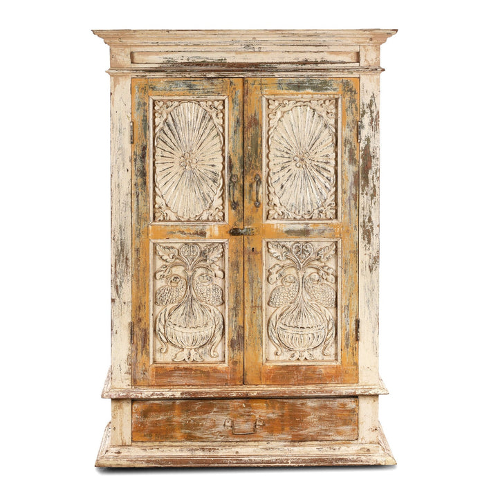 Antique Cream Painted Teak Almirah Cabinet | Indigo Antiques