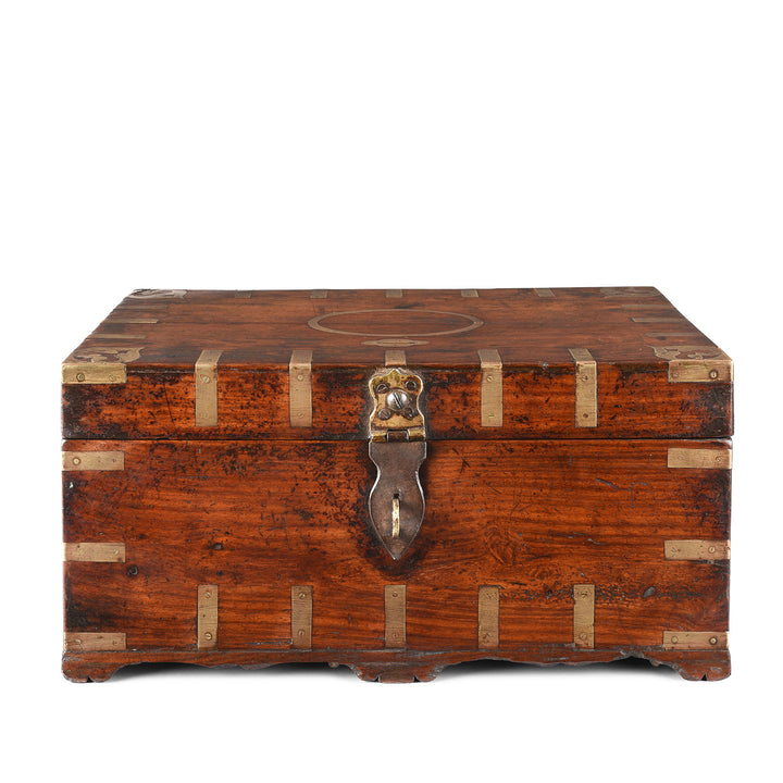 Antique Indian Brass Bound Indian Teak Coin Chest | Indigo Antiques