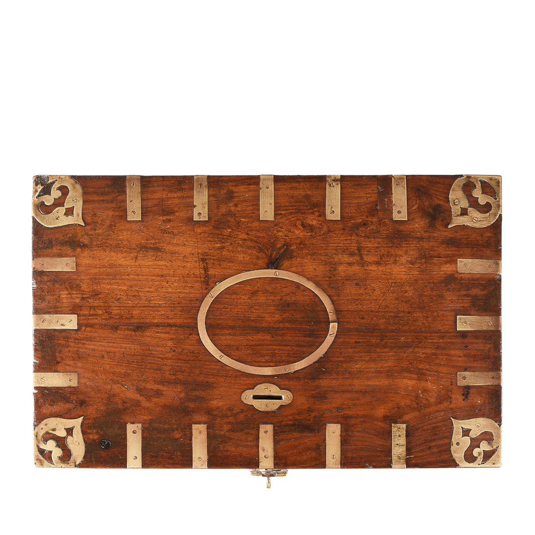 Top Down View Of Antique Indian Brass Bound Indian Teak Coin Chest | Indigo Antiques