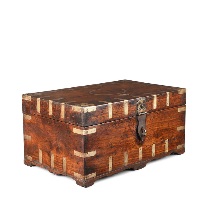 Angled View Of Antique Indian Brass Bound Indian Teak Coin Chest | Indigo Antiques