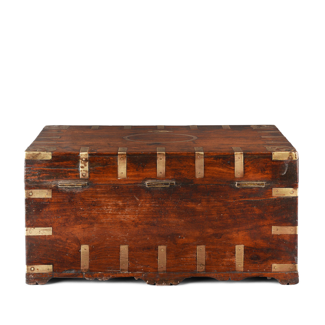 Back Of Antique Indian Brass Bound Indian Teak Coin Chest | Indigo Antiques