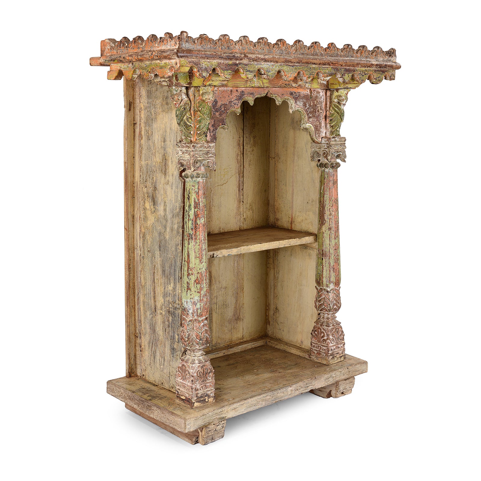 Angled View Of Antique Painted Teak House Shrine Side Cabinet From Gujarat | indigo Antiques