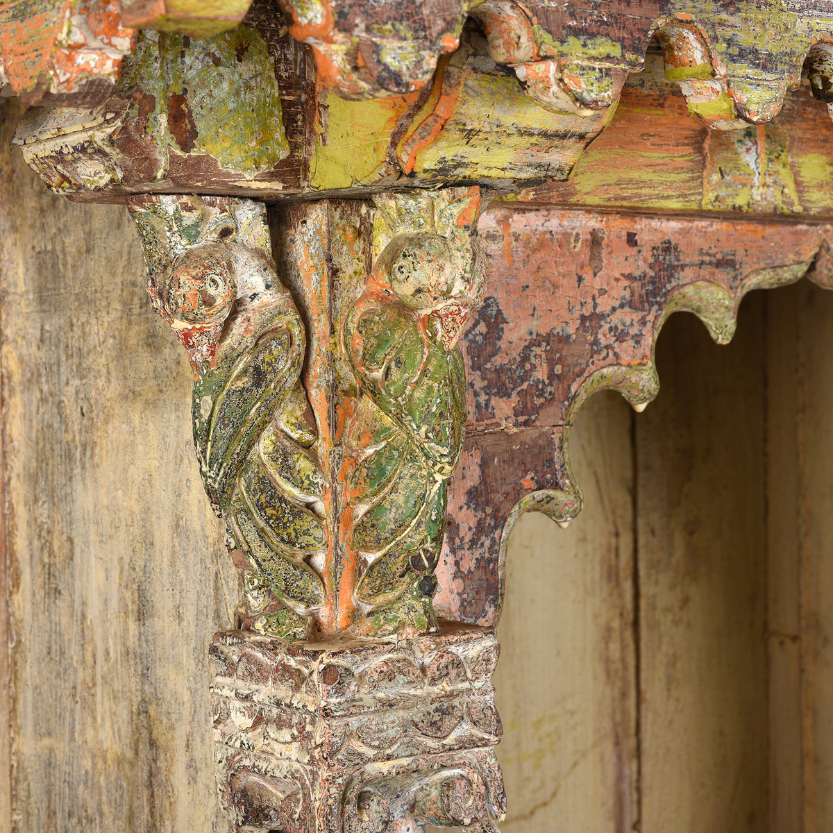 Parrot Detail From Antique Painted Teak House Shrine Side Cabinet From Gujarat | indigo Antiques