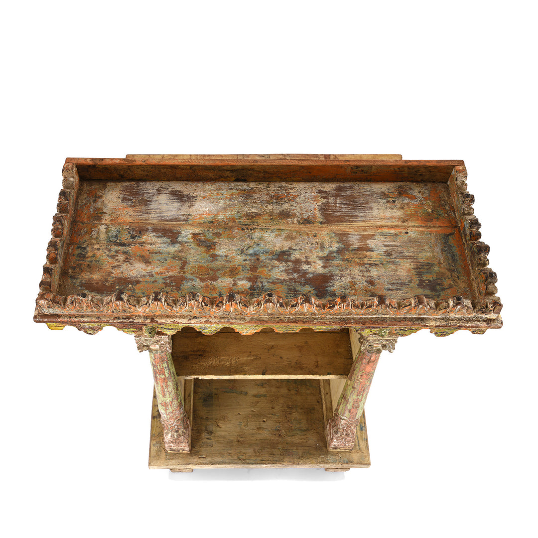 Top Down View Of Antique Painted Teak House Shrine Side Cabinet From Gujarat | indigo Antiques