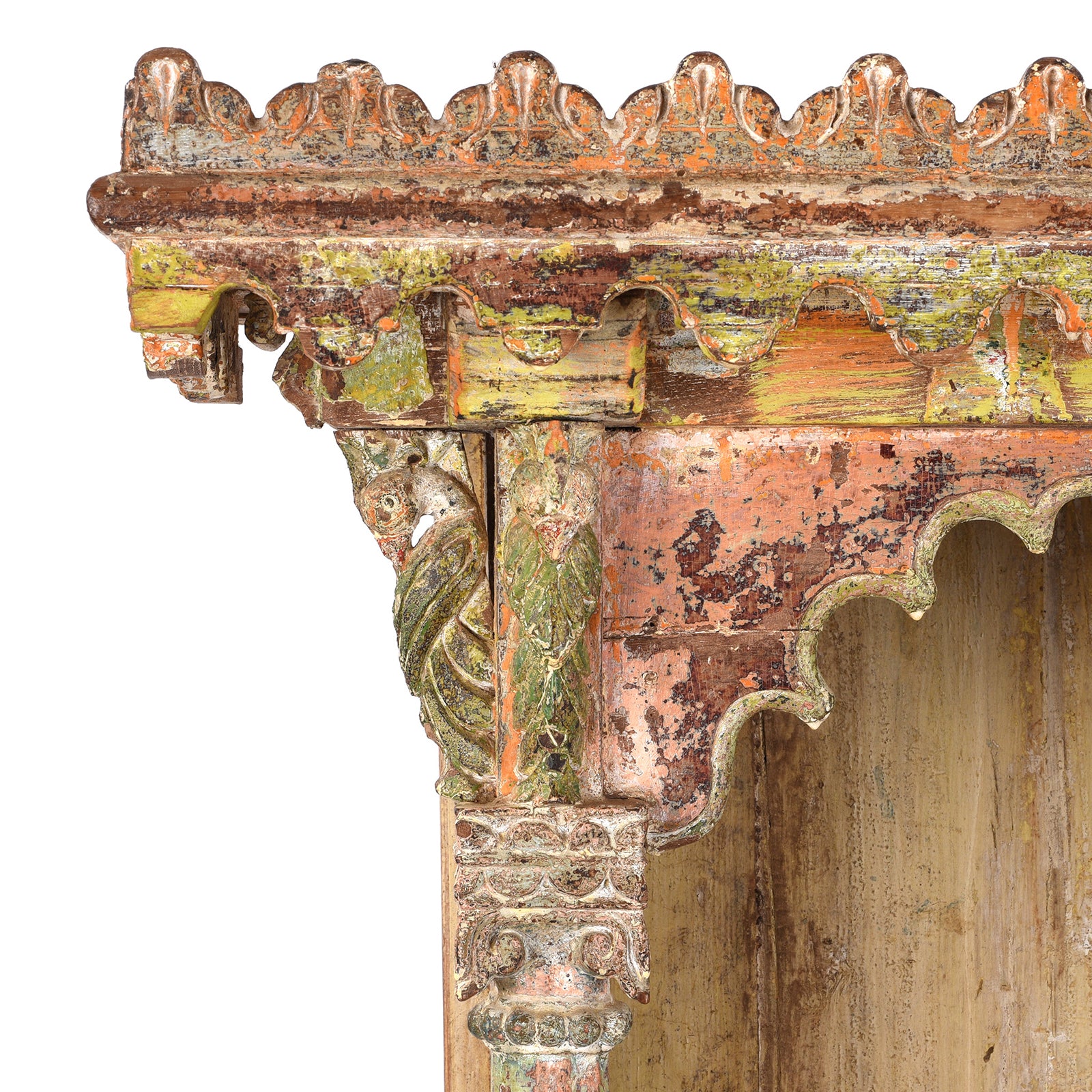 Corner Detail From Antique Painted Teak House Shrine Side Cabinet From Gujarat | indigo Antiques