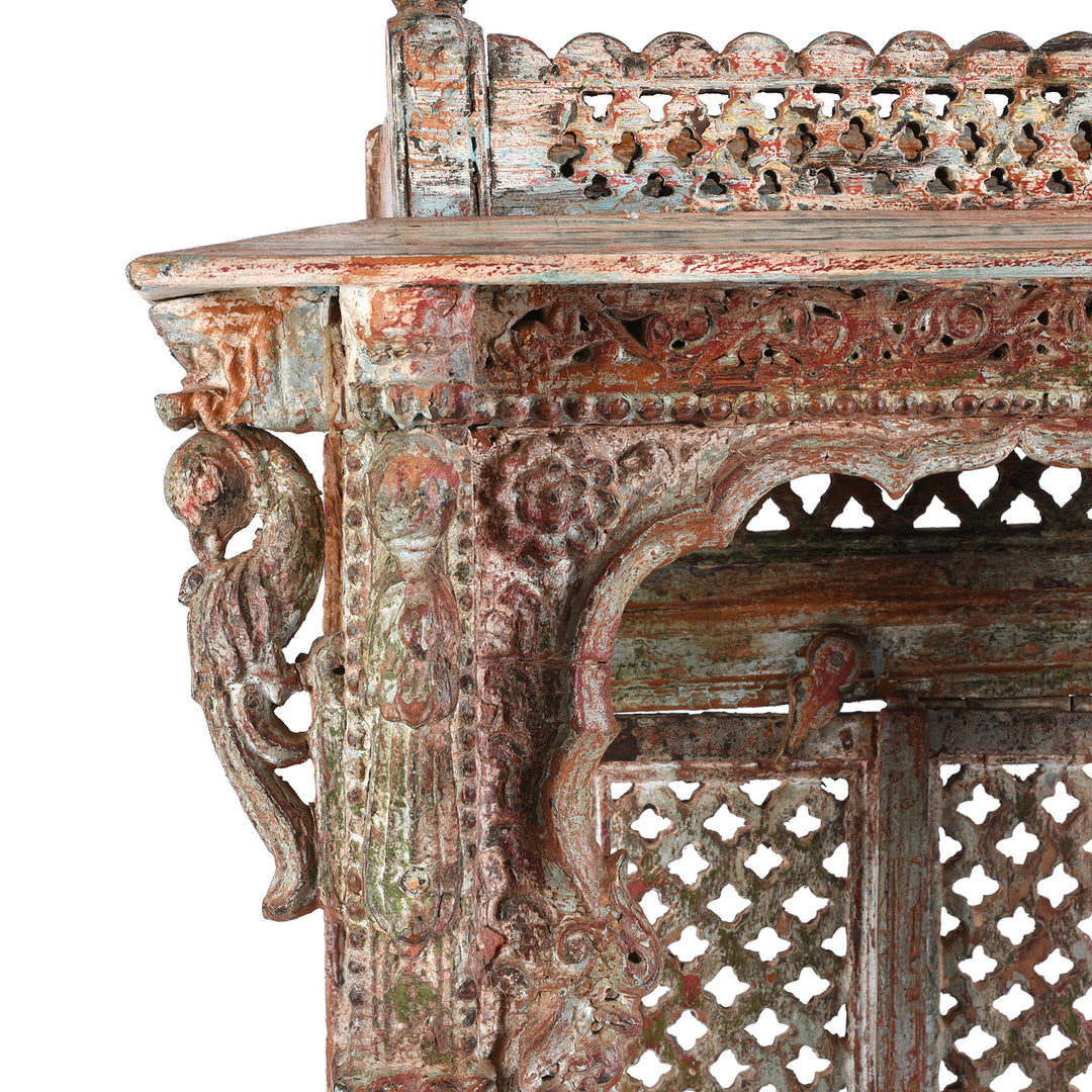 Corner Detail From Antique Painted Teak House Shrine From Gujarat | indigo Antiques