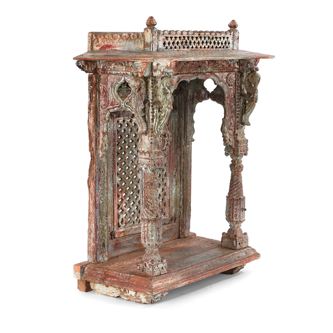 Angled VIew Of Antique Painted Teak House Shrine From Gujarat | indigo Antiques