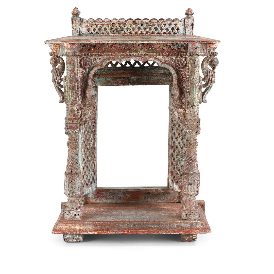 Open Doors View Of Antique Painted Teak House Shrine From Gujarat | indigo Antiques