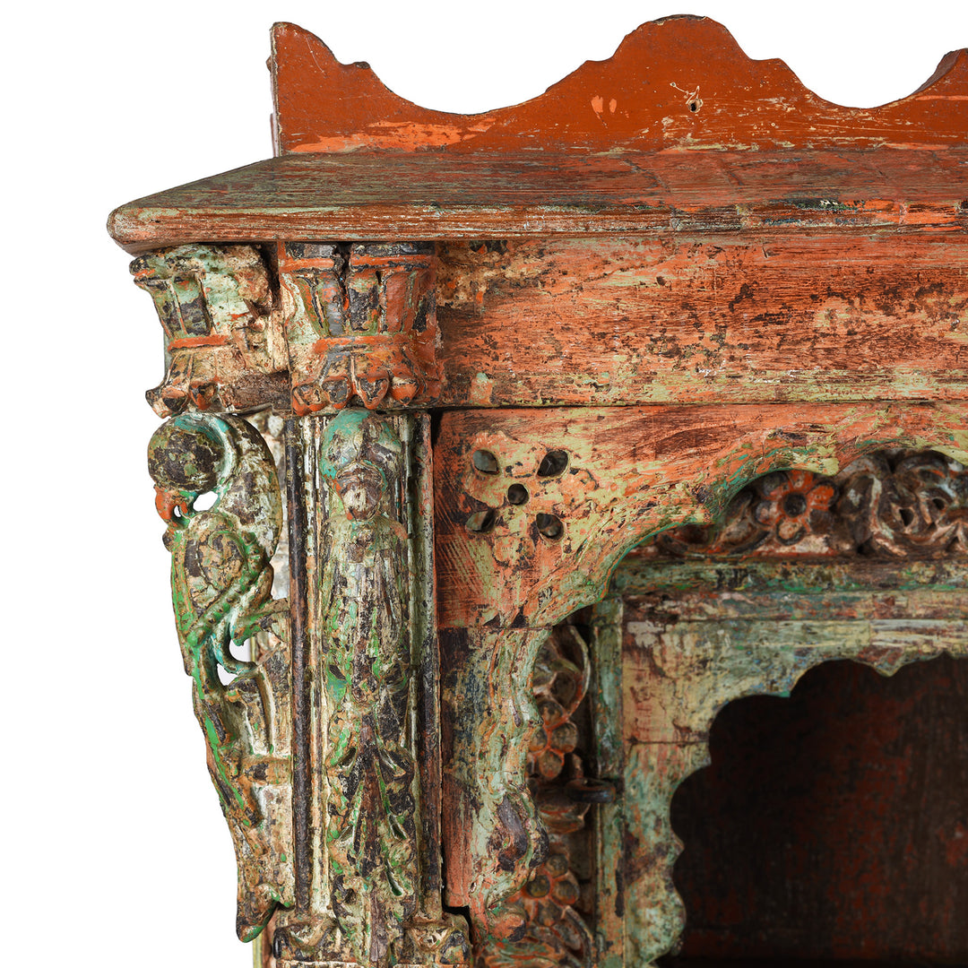 Parrot Detail From Antique Painted Teak House Shrine From Gujarat | indigo Antiques