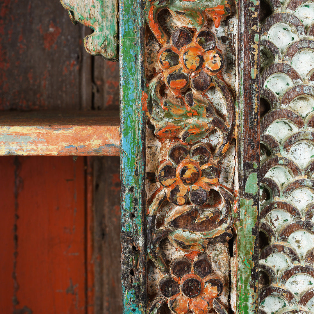 Carving Detail From Antique Painted Teak House Shrine From Gujarat | indigo Antiques