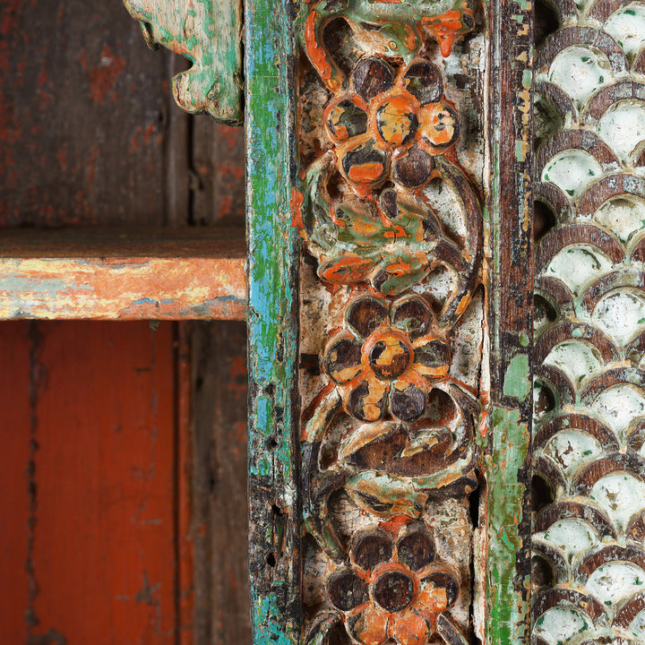 Carving Detail From Antique Painted Teak House Shrine From Gujarat | indigo Antiques