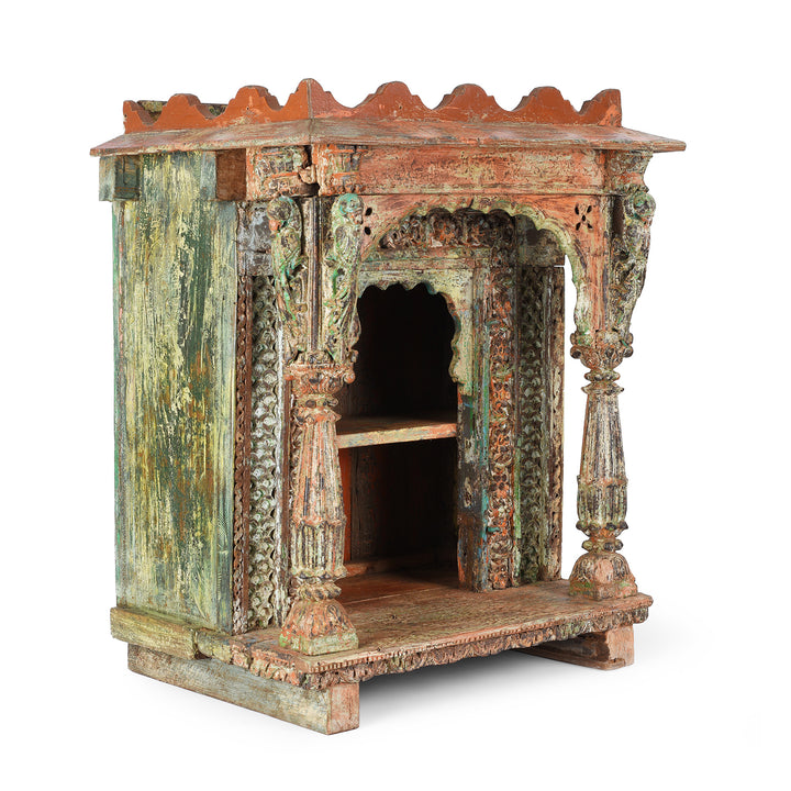 Angled View Of Antique Painted Teak House Shrine From Gujarat | indigo Antiques