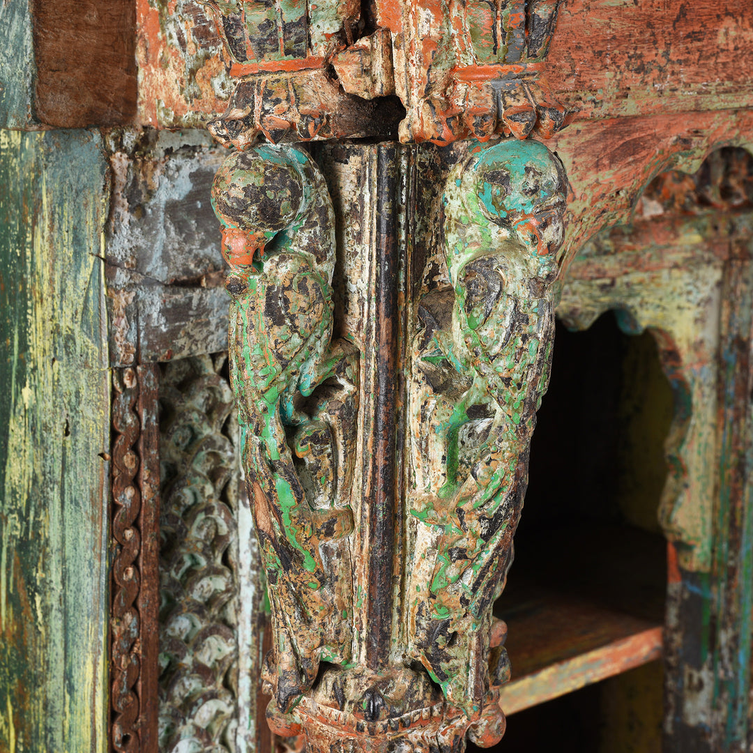 Parrot Detail From Antique Painted Teak House Shrine From Gujarat | indigo Antiques