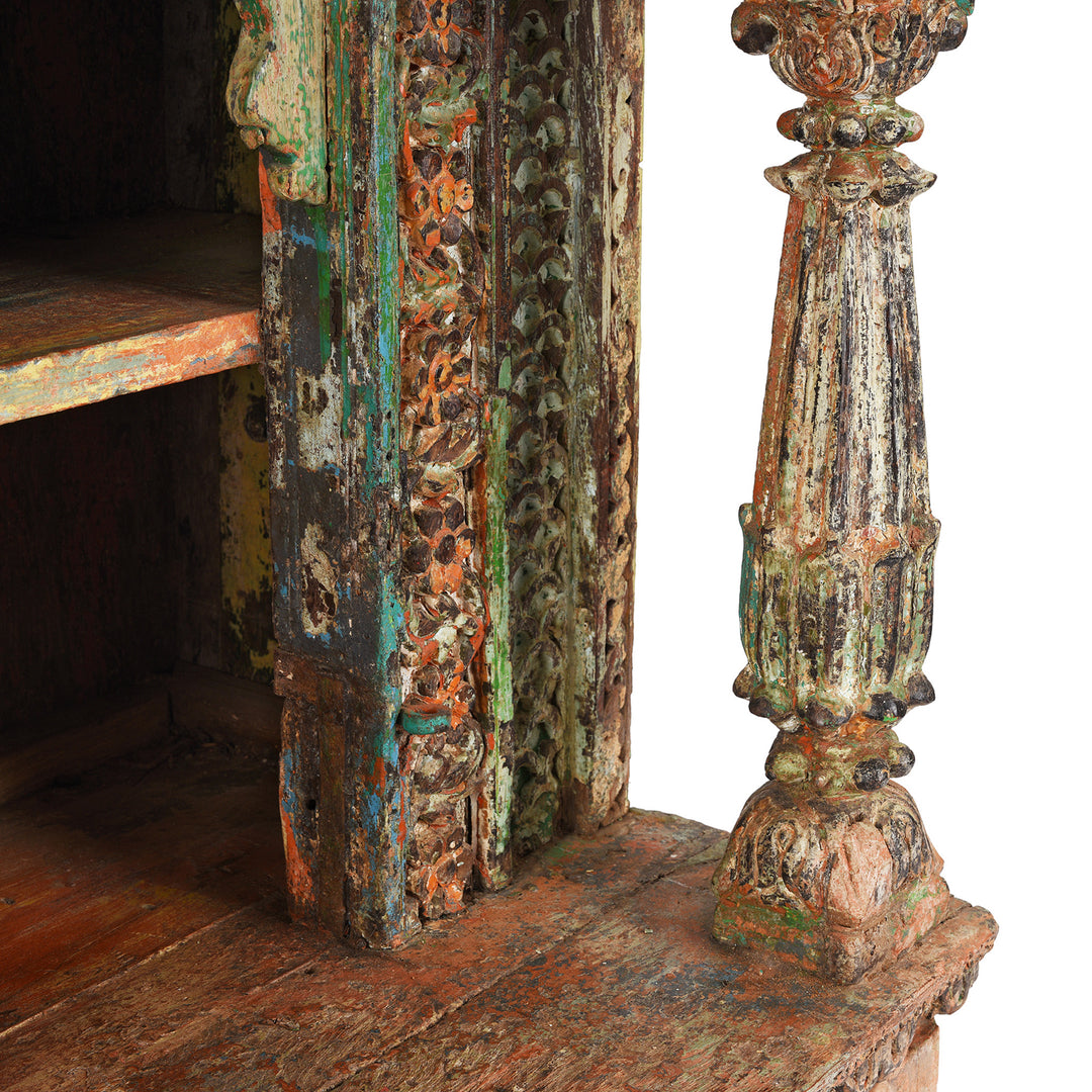 Pillar Detail From Antique Painted Teak House Shrine From Gujarat | indigo Antiques