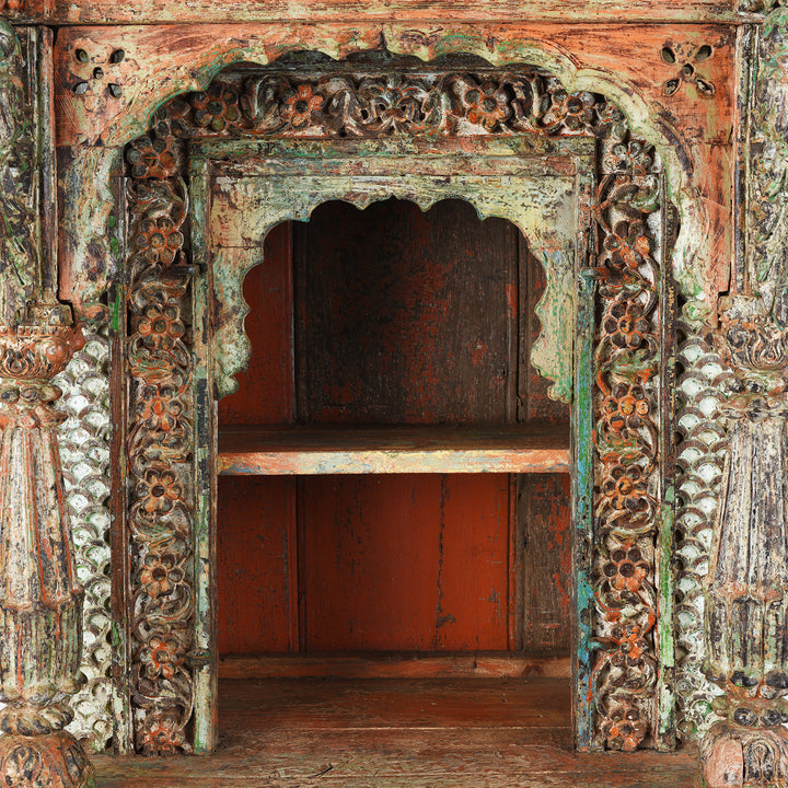 Arch Detail From Antique Painted Teak House Shrine From Gujarat | indigo Antiques