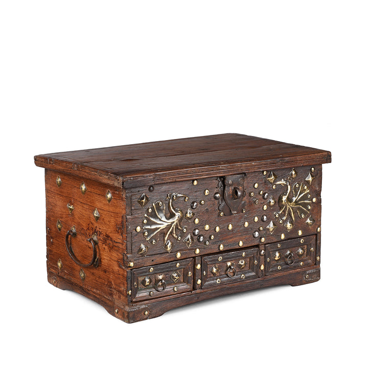 Side View Of Antique Brass Studded Rosewood Peacock Box From Saurashtra | Indigo Antiques